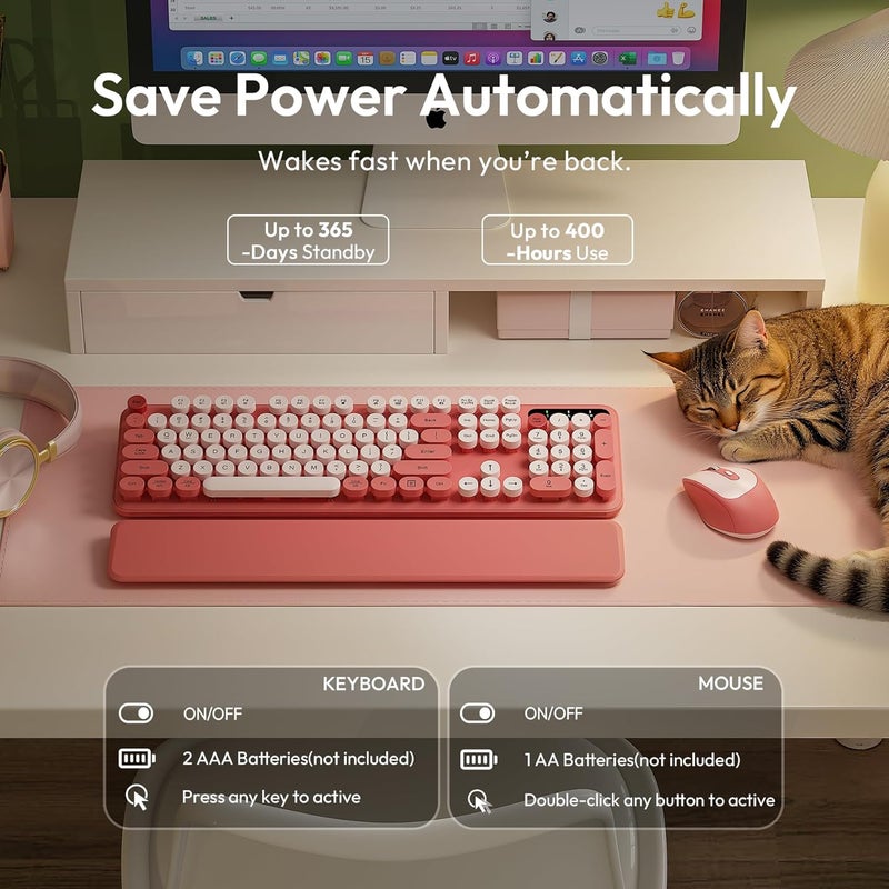 Trueque Wireless Keyboard and Mouse Combo, Typewriter Keyboard with Detachable Wrist Rest, Full-Size Retro Round Keycaps, Smart-Sleep, 2.4GHz Stable Connection for Mac/Windows/PC, (Blush Pink) - Image 5